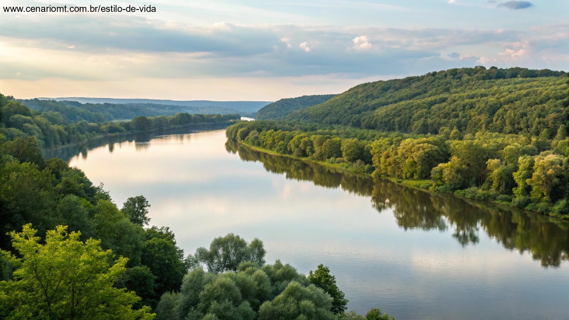 Paisagem serena com um rio calmo rodeado por vegetação exuberante, simbolizando reflexão e paz.