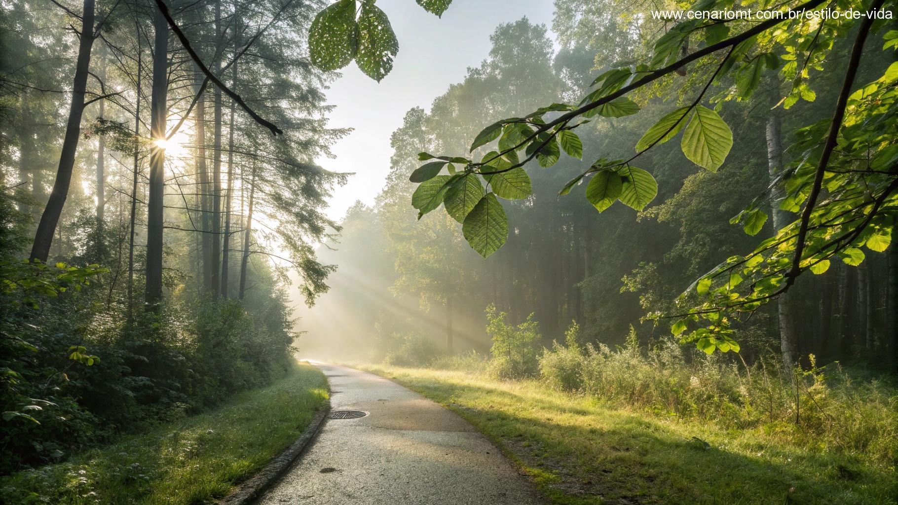 Caminho tranquilo na floresta com orvalho nas folhas, luz do sol entrando pelas árvores, simbolizando a esperança e paz que encontramos em Cristo nesta manhã de segunda-feira.