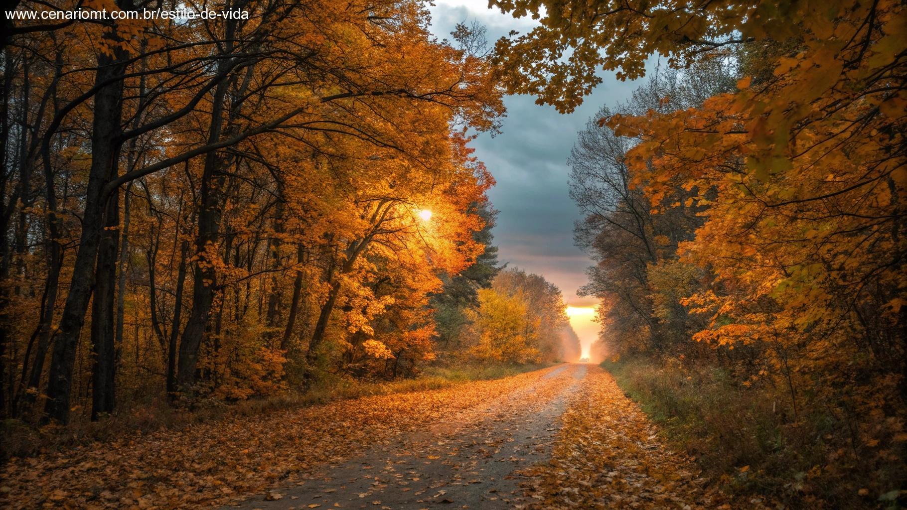 Caminho tranquilo através de uma floresta de outono com folhas douradas cobrindo o chão, levando a uma luz suave ao longe