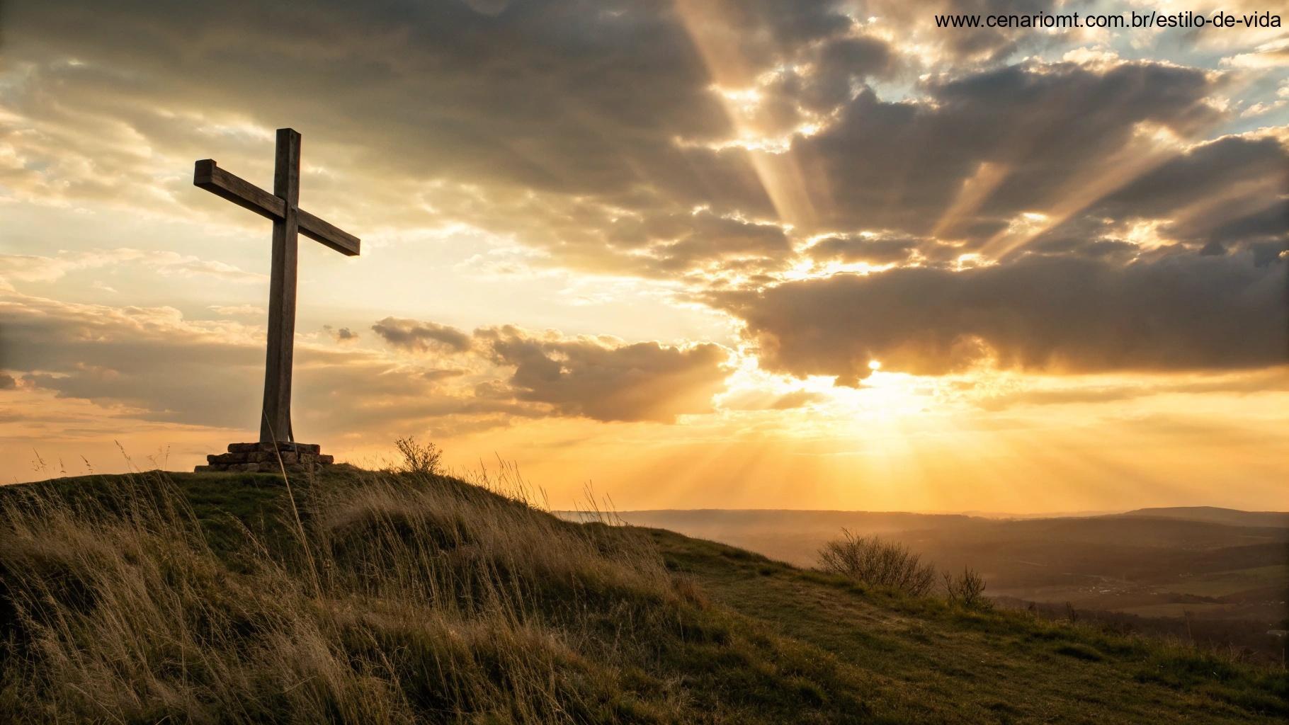 Cruz de madeira sobre uma colina ao entardecer, com luz dourada no céu, evocando fé e esperança