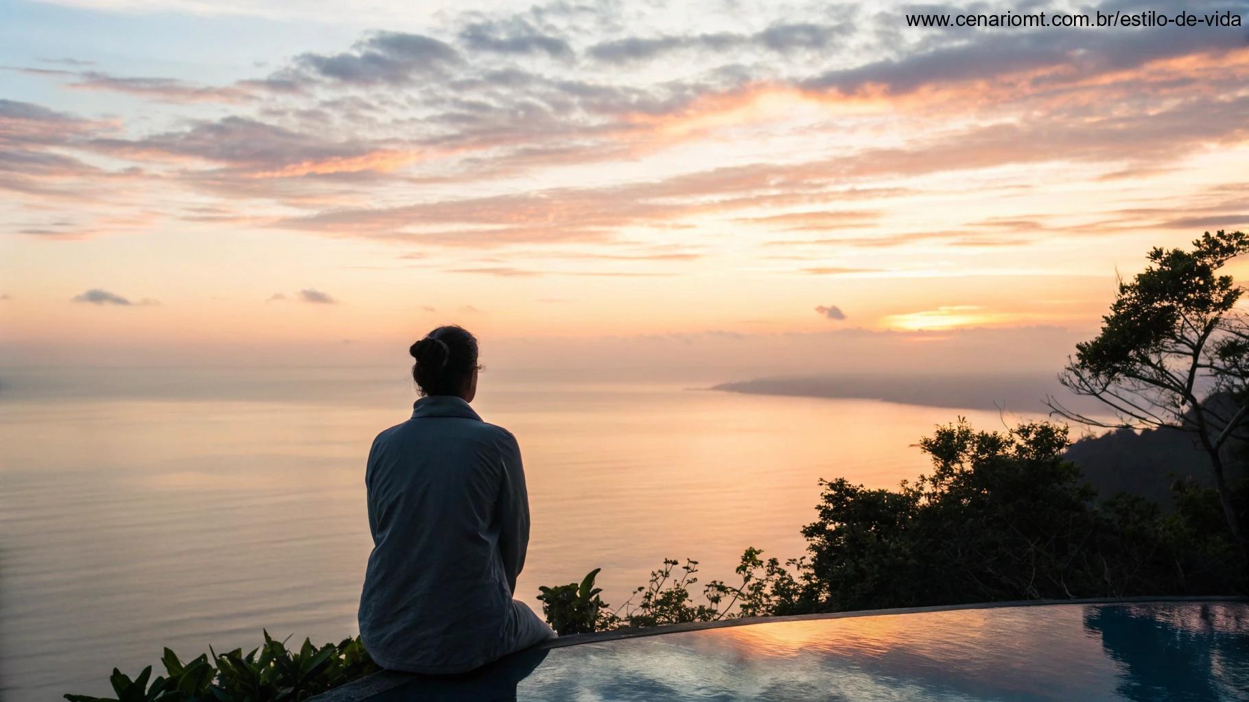Cena reflexiva e tranquila com uma pessoa observando o nascer do sol, refletindo sobre as bênçãos e a paz do dia que está por vir, terça-feira, 29/04/2025.