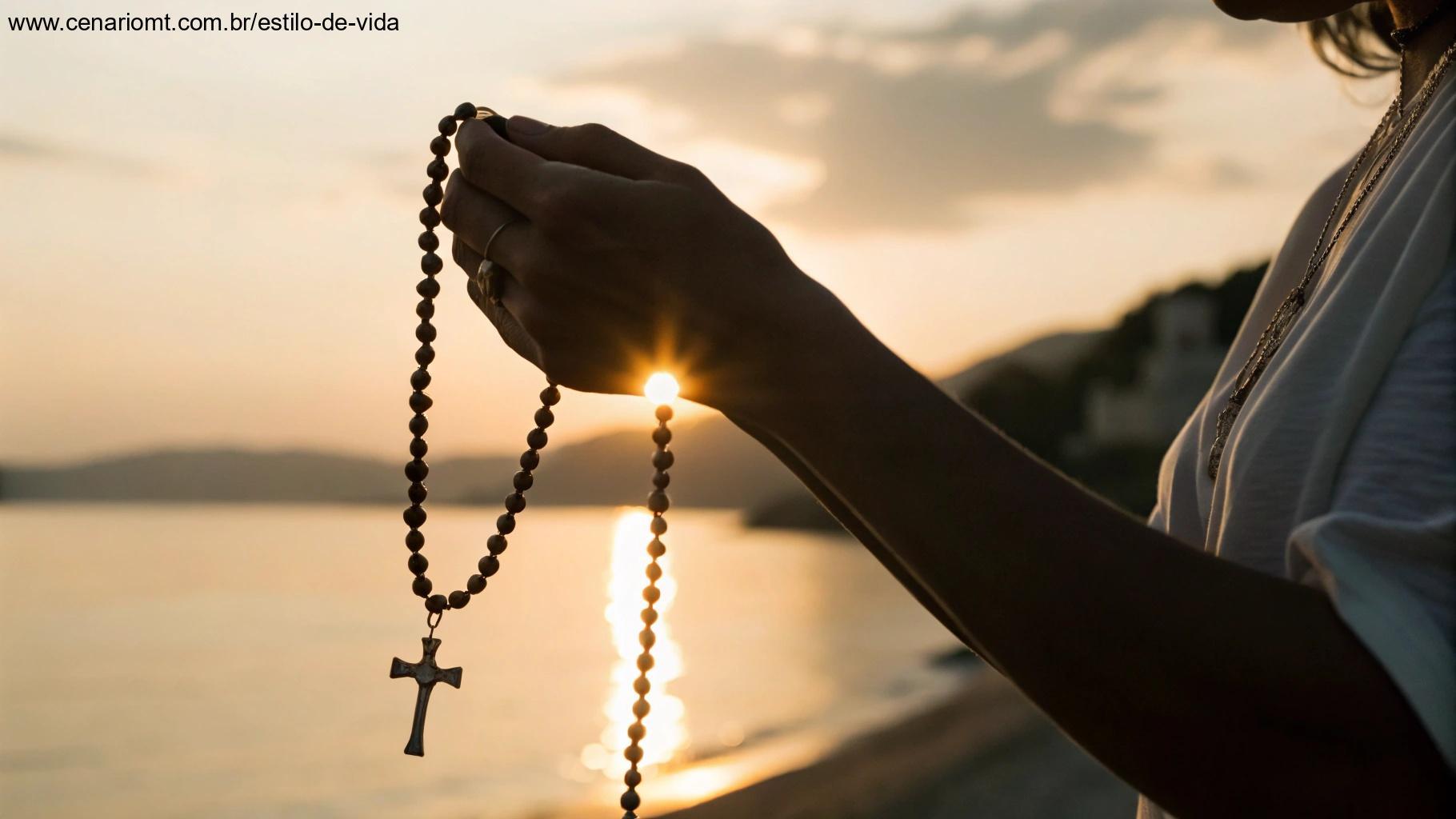 Mãos segurando um terço com luz dourada suave, simbolizando reflexão