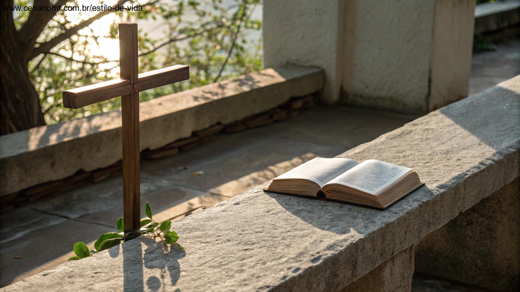 Cruz de madeira e livro aberto em banco de pedra