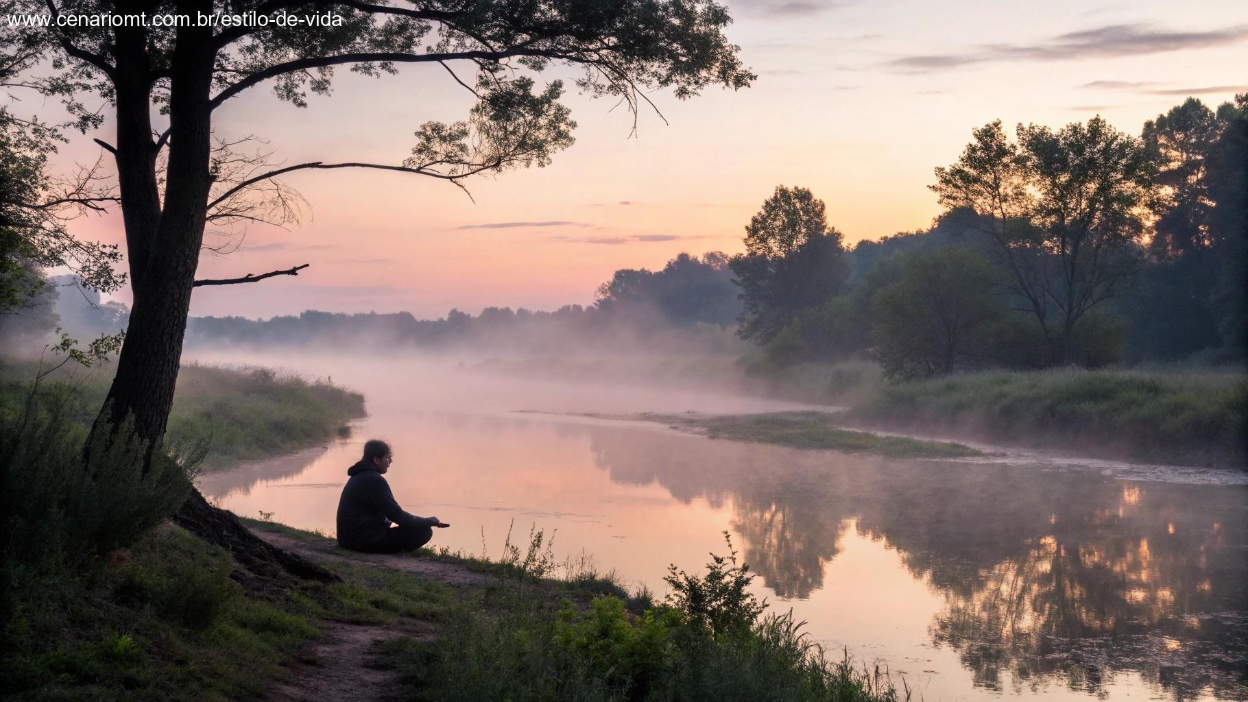 Pessoa meditando em um ambiente natural ao amanhecer
