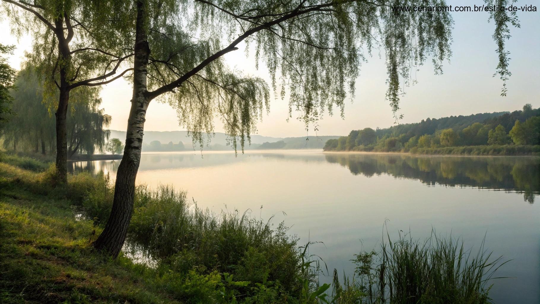 Momento calmo e reflexivo à beira de um lago tranquilo, com árvores balançando suavemente ao vento, simbolizando um tempo de reflexão profunda e crescimento espiritual no sábado.