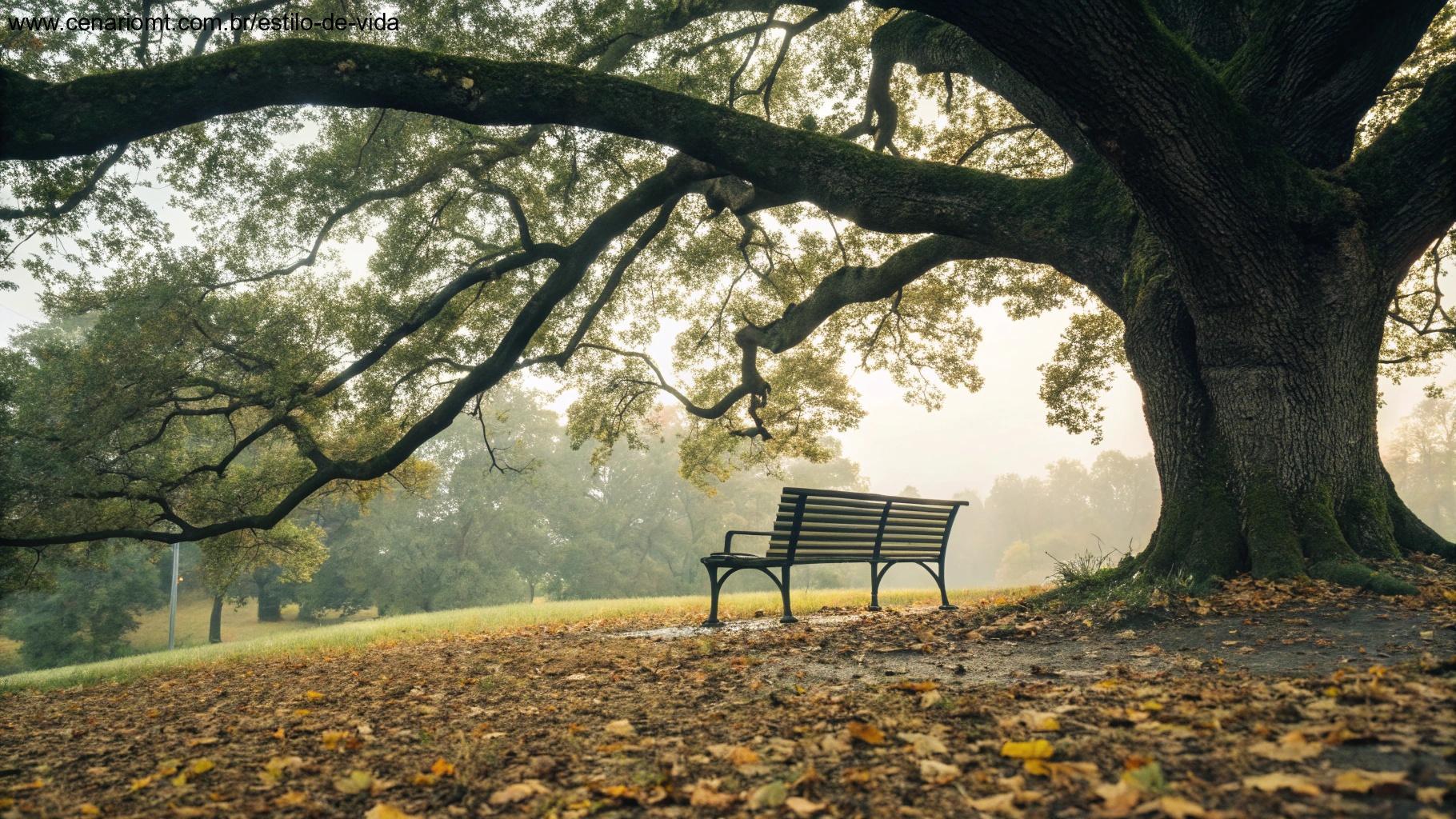 Banco de parque tranquilo sob uma grande árvore carvalho, com folhas caídas ao redor, evocando paz e contemplação