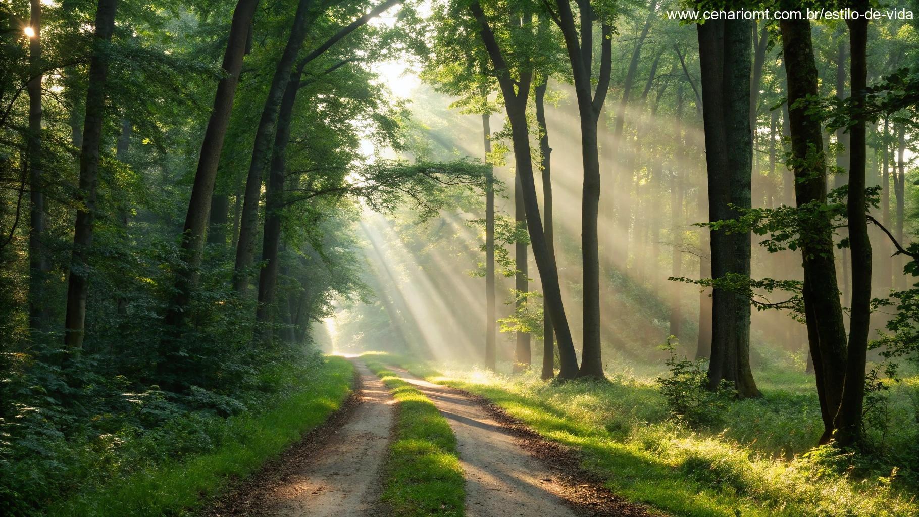 Caminho na floresta iluminado pela manhã, representando reflexão para o sábado