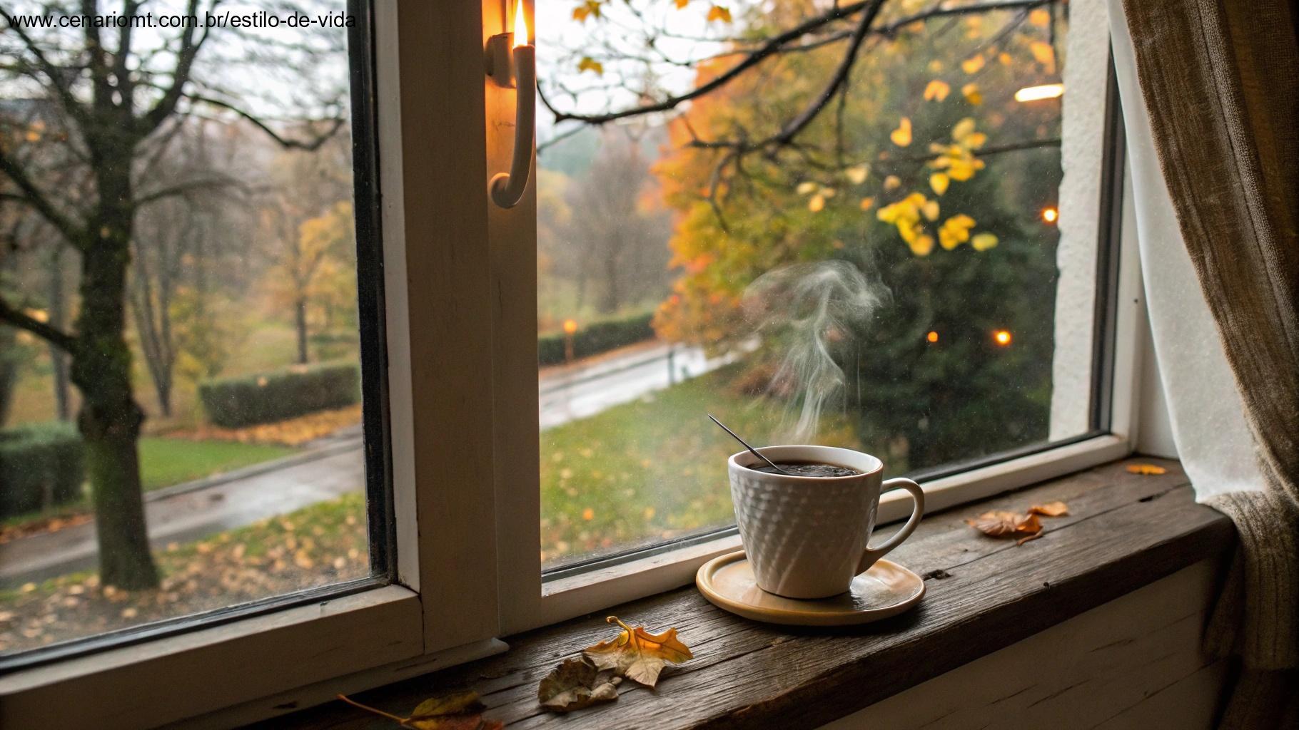 Vista aconchegante de uma janela com uma xícara de café fumegante, observando um jardim tranquilo com folhas de outono caindo