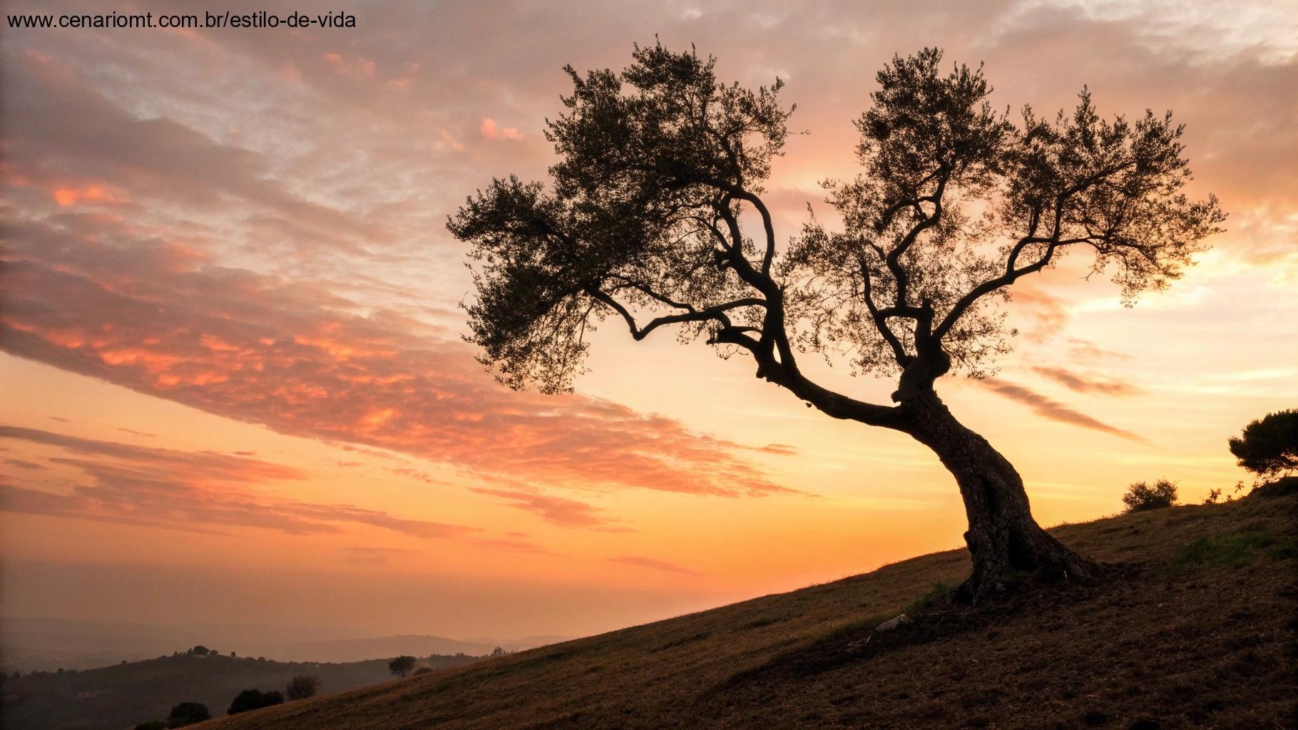 Oliveira solitária em colina ao pôr do sol, com galhos estendidos para cima e sombras alongadas no chão