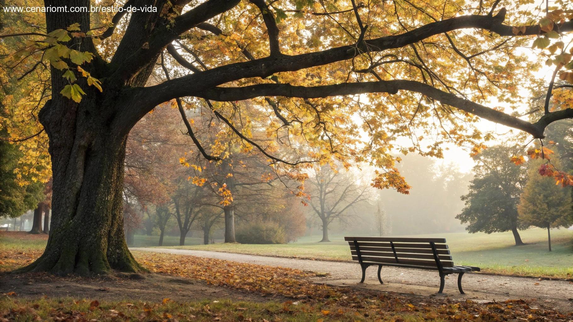 Banco de parque tranquilo sob uma árvore grande com folhas caindo, simbolizando reflexão e paz durante uma tarde de outono