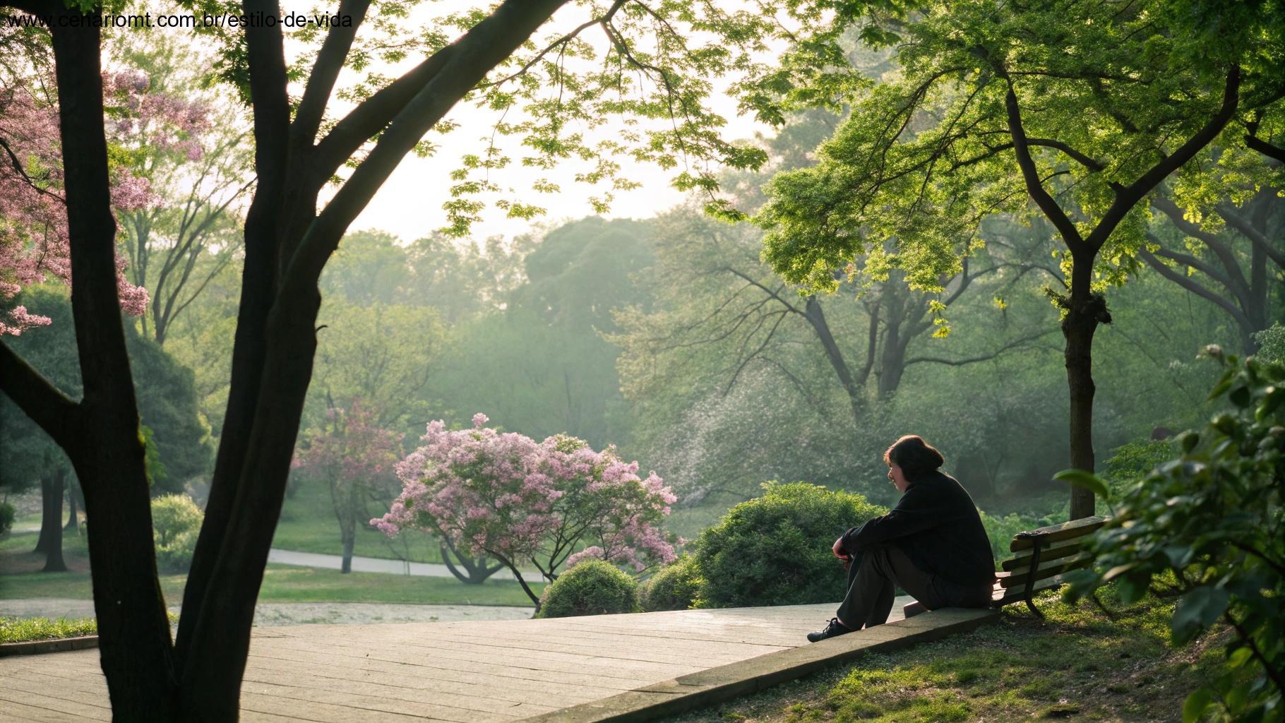 Cena reflexiva com uma pessoa sentada em um parque tranquilo, refletindo sobre a beleza da natureza, simbolizando uma reflexão pacífica para terça-feira, 15 de abril de 2025.