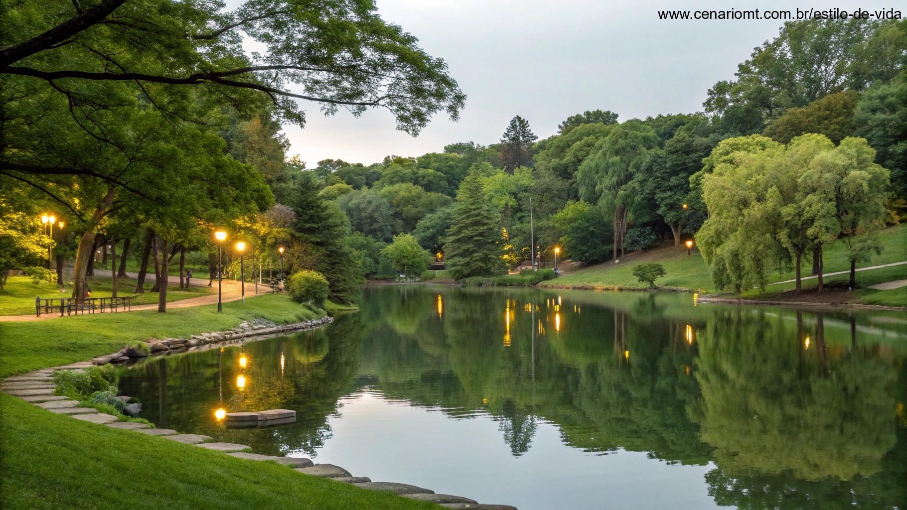Imagem reflexiva de um parque tranquilo com árvores verdes e um lago calmo, simbolizando equilíbrio e clareza.