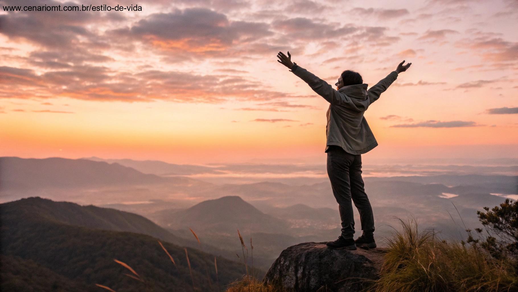 Pessoa no topo da montanha ao nascer do sol expressando confiança em Deus