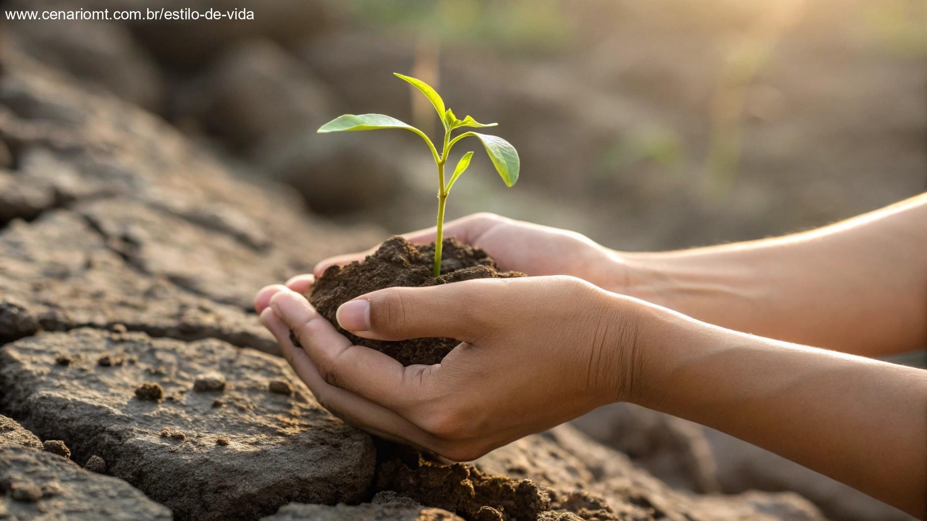 Mãos segurando delicadamente uma pequena planta crescendo em solo rochoso