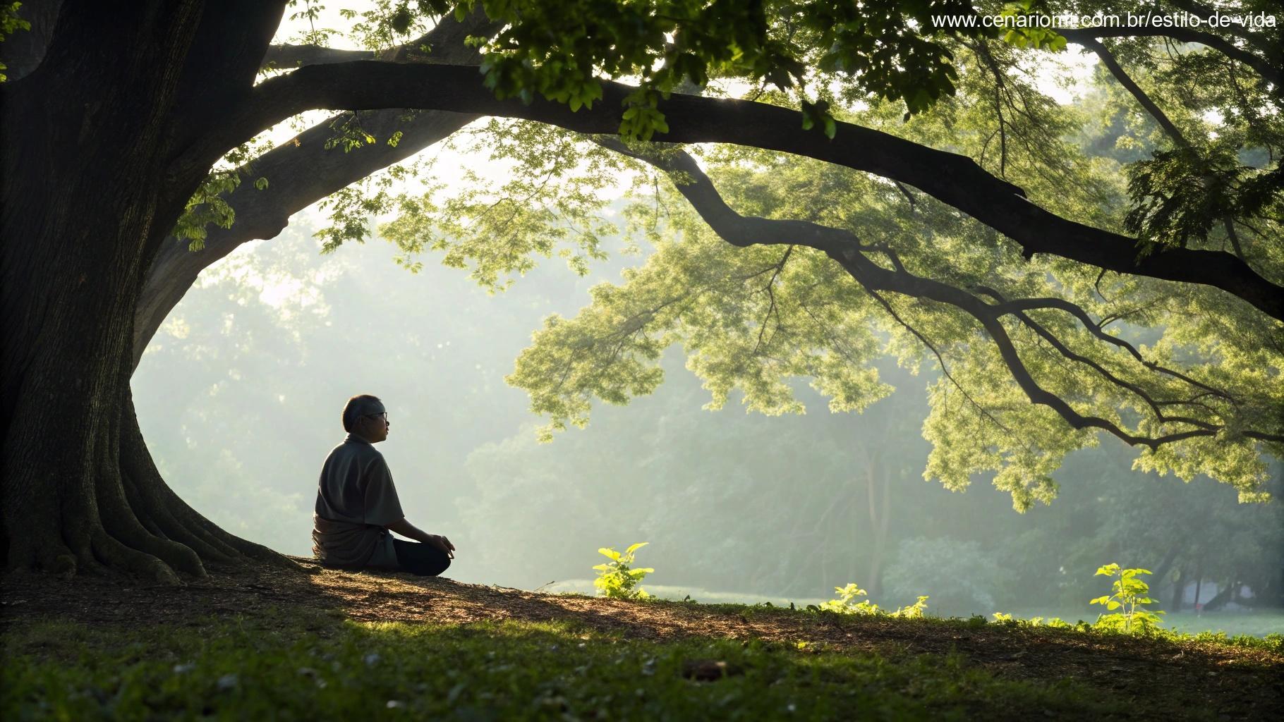 Imagem de uma pessoa meditando sob uma grande árvore, simbolizando a fé e os ensinamentos do Santo do Dia, com luz suave filtrando pelas folhas.