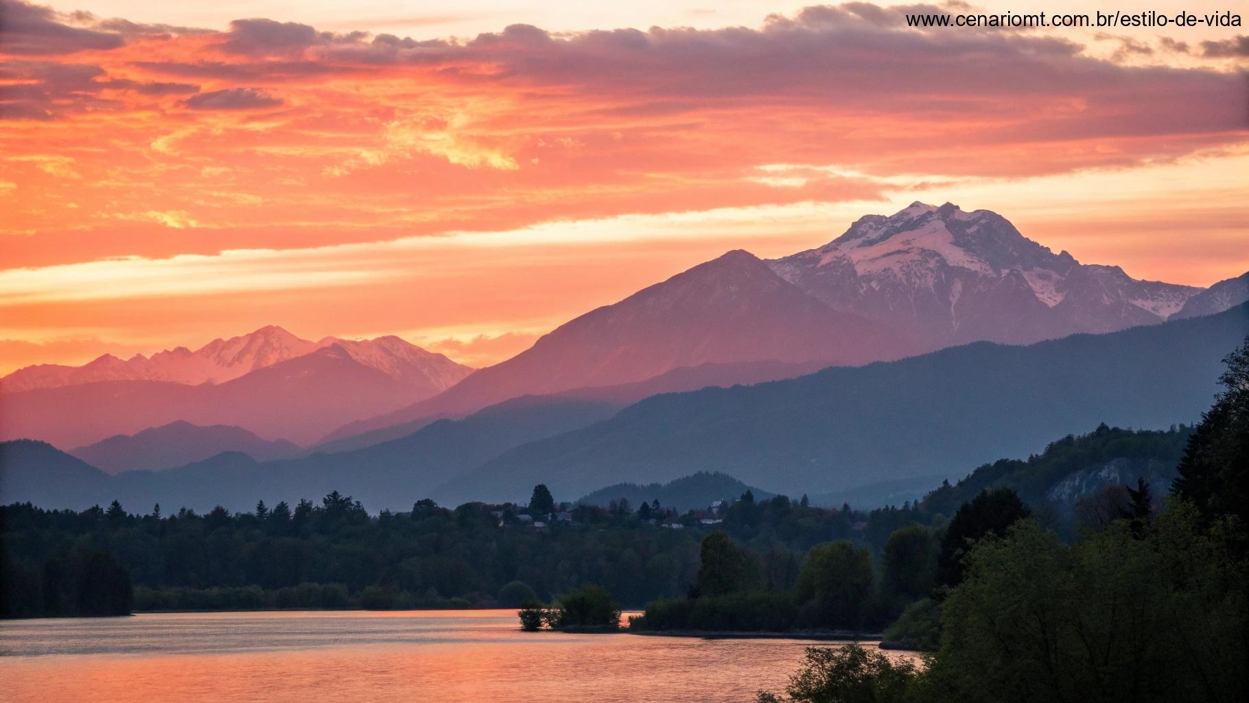 Um lindo pôr do sol sobre uma cadeia de montanhas, com as cores do céu transitando de laranja para rosa, e uma atmosfera calma e reflexiva simbolizando gratidão e paz.