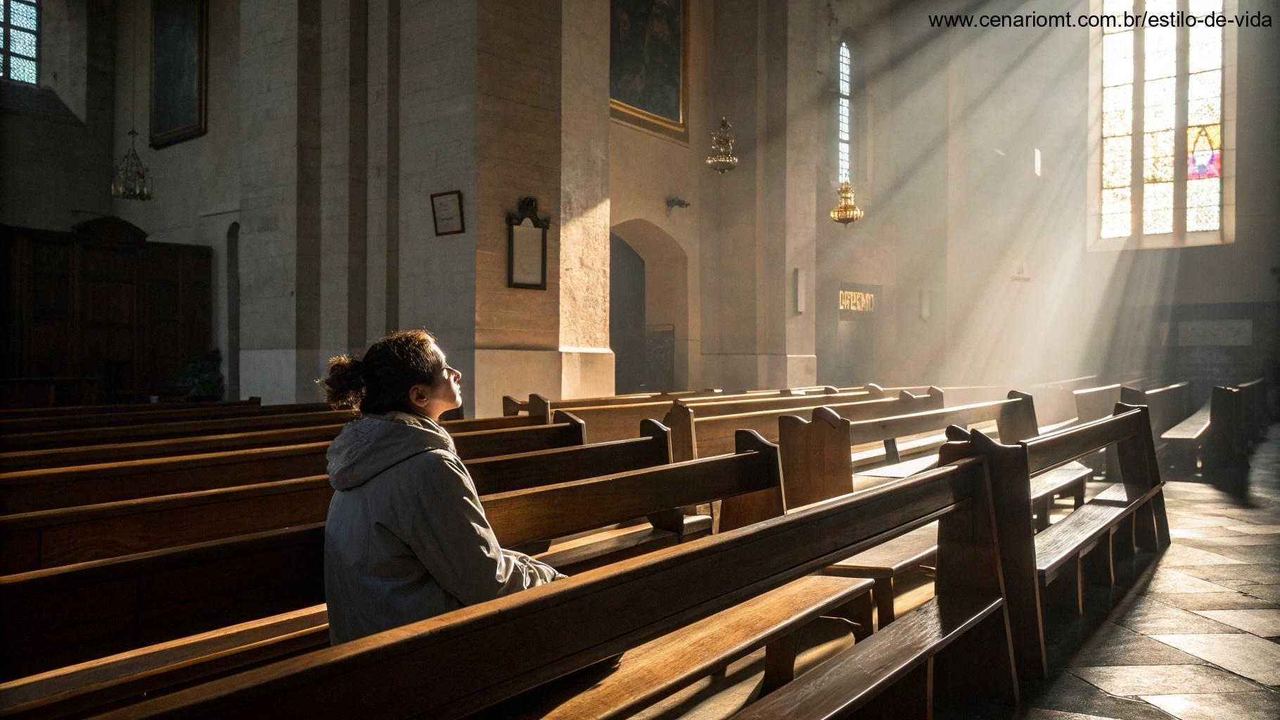Pessoa refletindo sentada em um banco de igreja durante a manhã