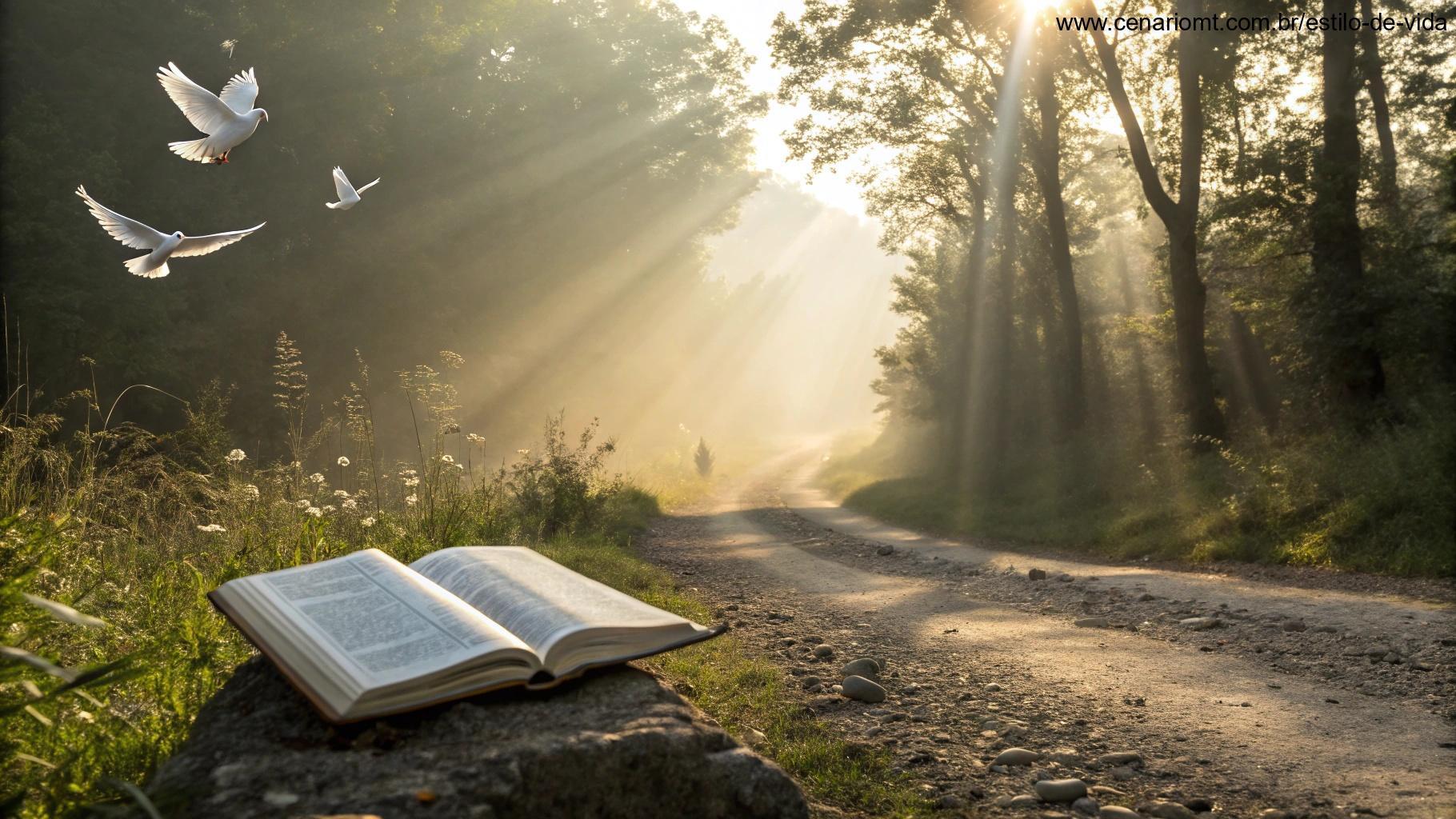Paisagem tranquila com uma Bíblia aberta sob a luz do sol, representando uma reflexão sobre a mensagem de Jesus
