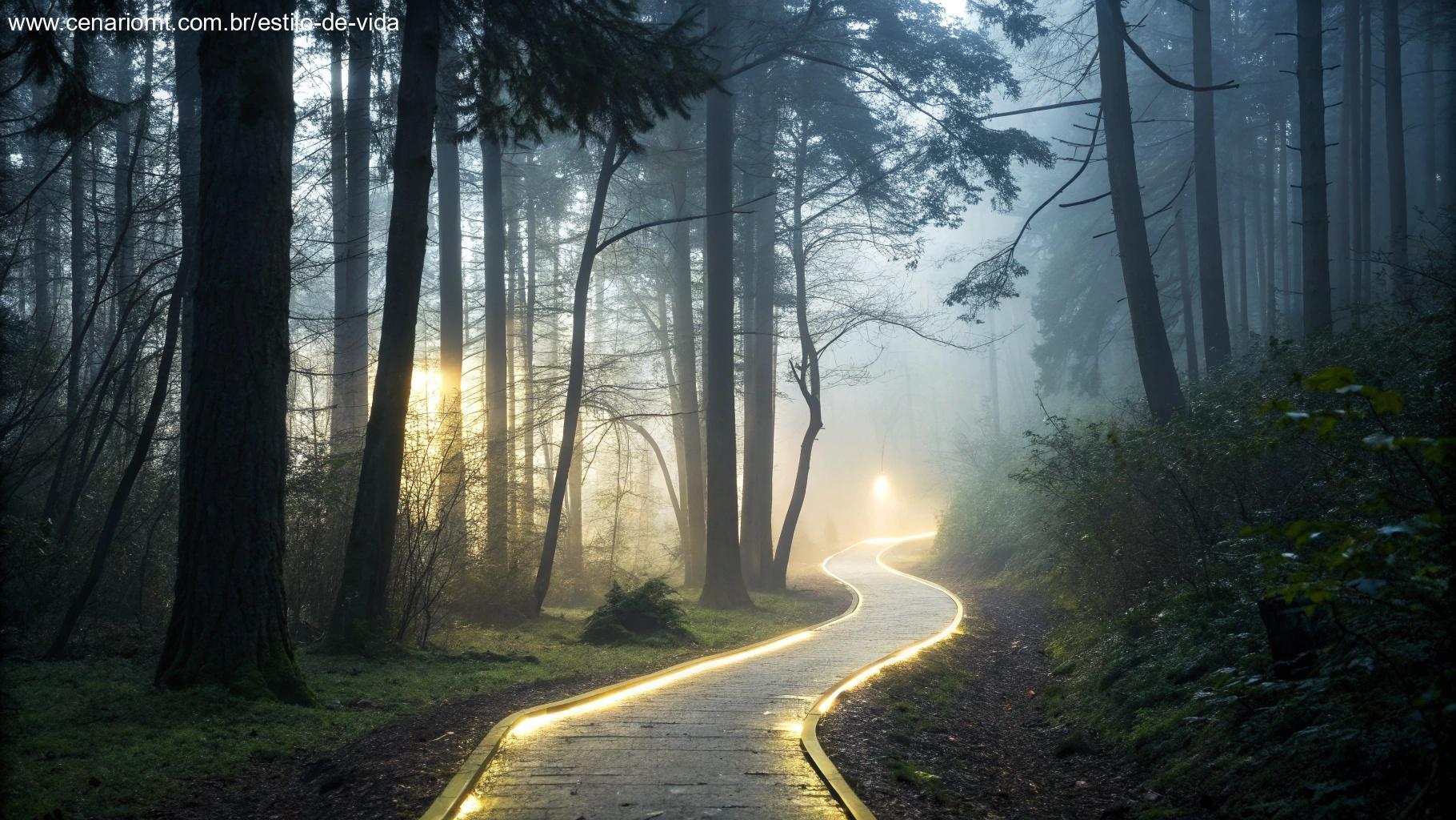 Caminho iluminado atravessando uma floresta, simbolizando a jornada da fé.