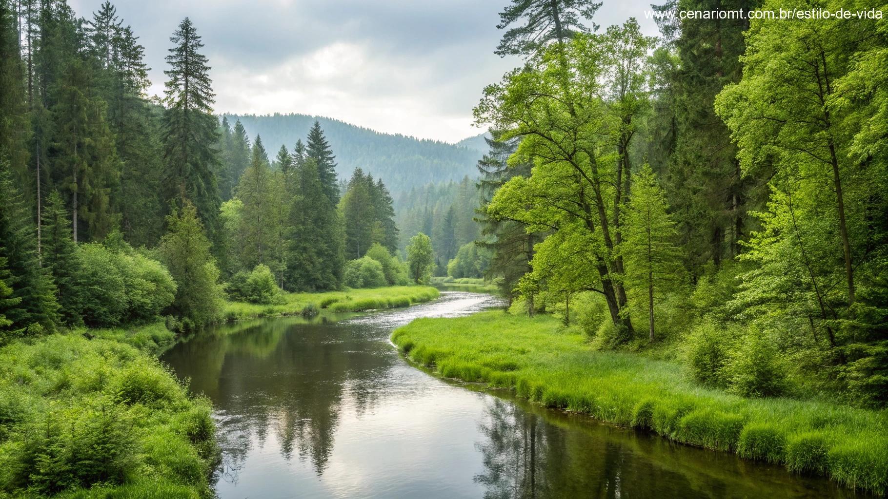 Cena calma de natureza com um rio fluindo, árvores ao redor e um céu claro, simbolizando paz e contemplação da Palavra do Dia.