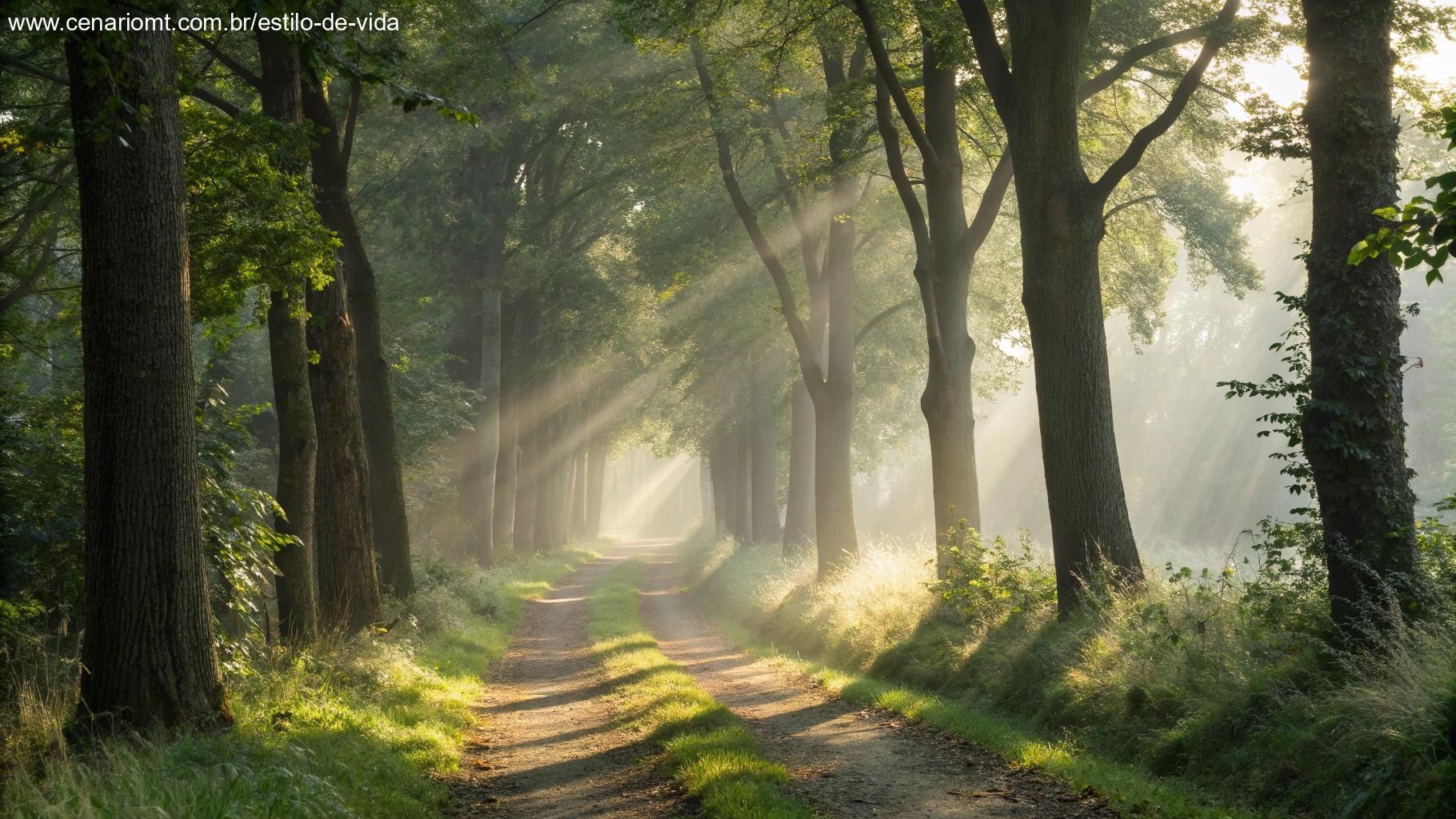 Caminho em floresta com luz suave simbolizando reflexão espiritual