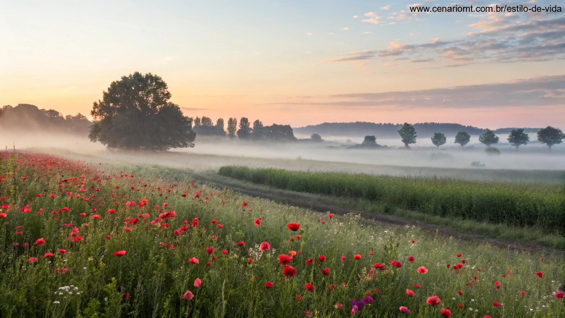 Imagem de uma manhã calma com névoa leve sobre um campo de flores, simbolizando paz e reflexão.