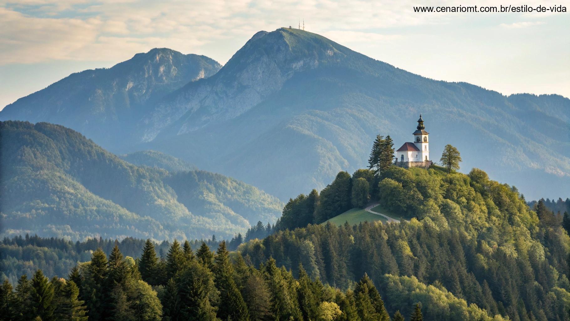 Paisagem pacífica de uma montanha com uma pequena capela, simbolizando a vida e jornada de um santo.