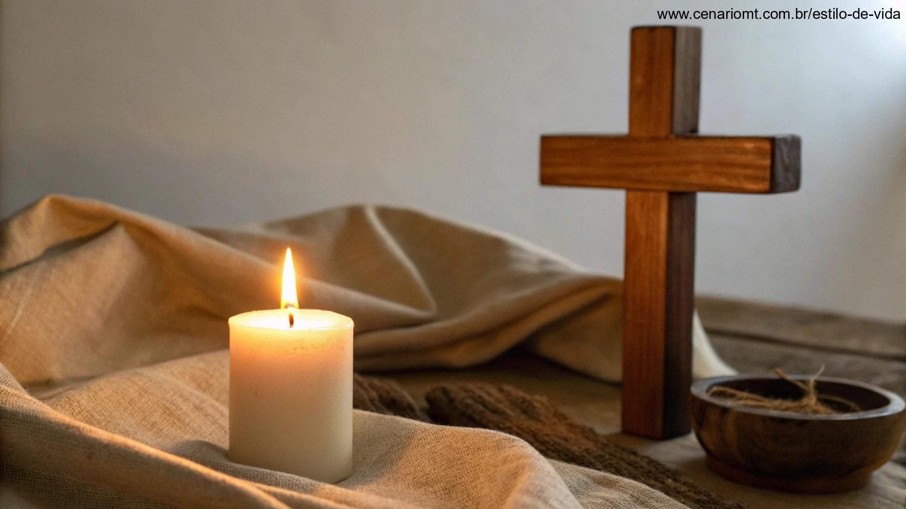 Imagem contemplativa sobre 'Reflexão sobre a Vida e o Exemplo dos Santos', com uma vela acesa suavemente diante de uma cruz de madeira.