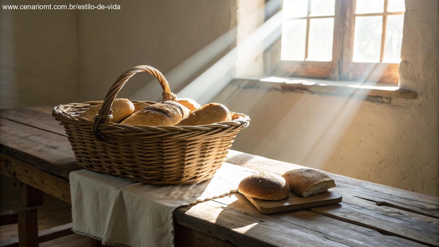 Cesto de pães frescos em uma mesa rústica, representando alimento espiritual