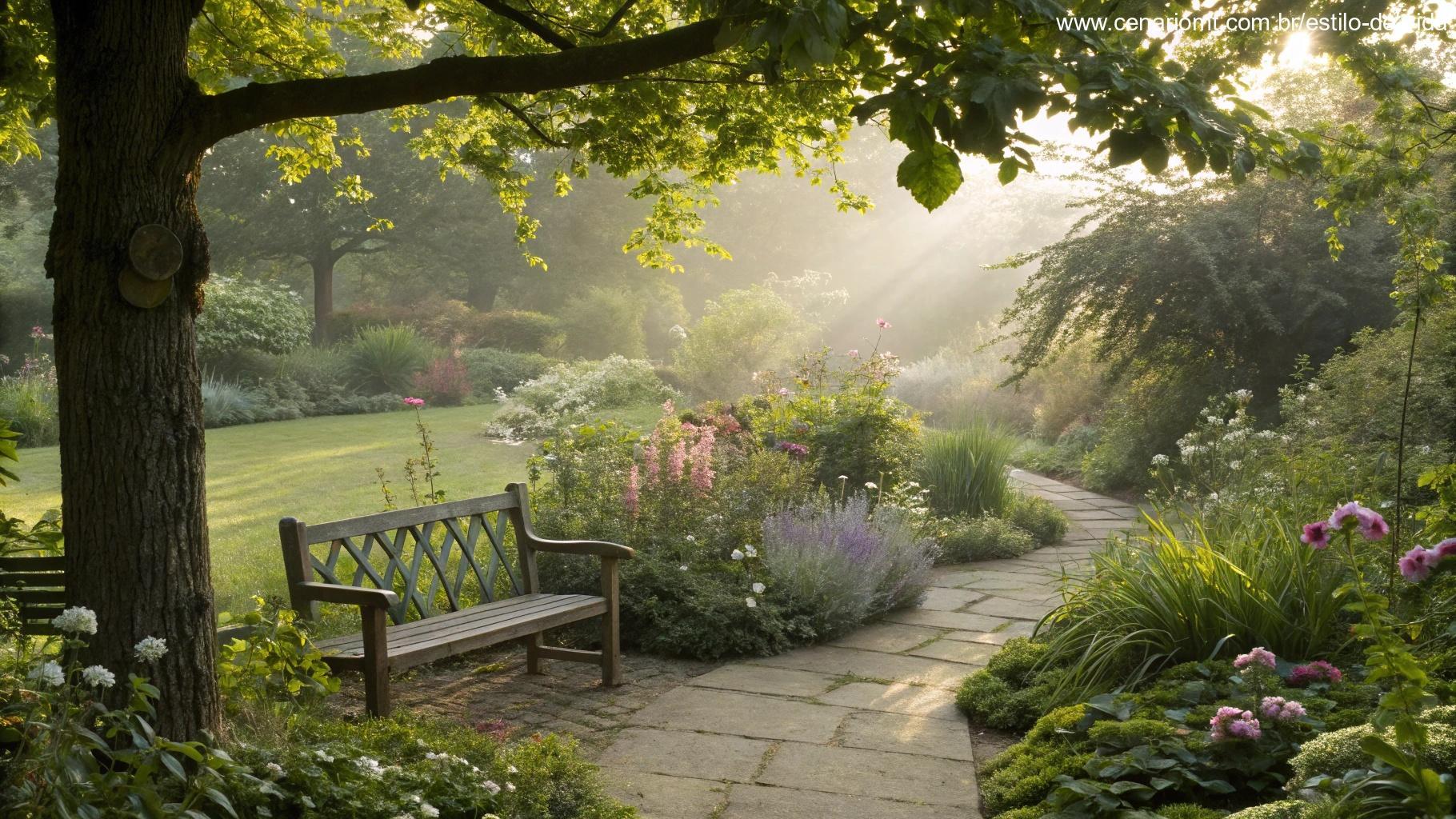 Jardim pacífico com plantas e flores variadas, com um banco sob uma árvore, iluminado por luz suave.