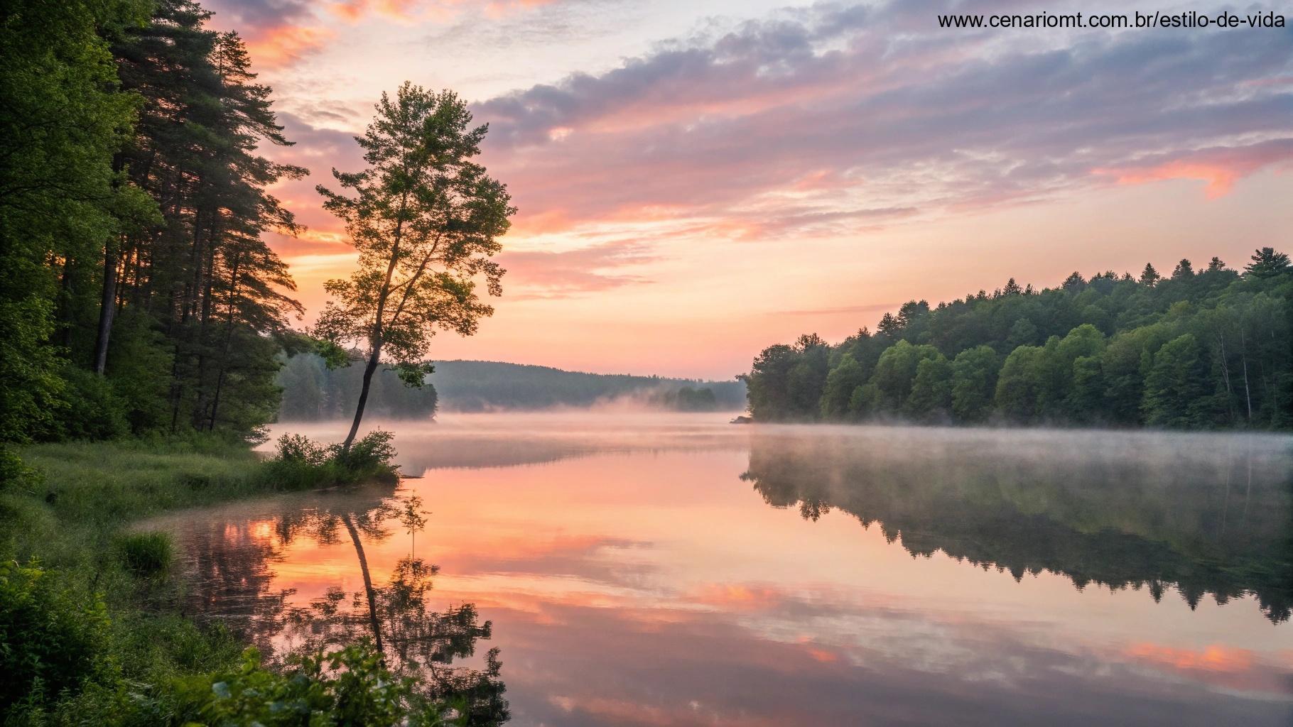 Imagem de um lago tranquilo ao amanhecer, simbolizando reflexão e novas oportunidades