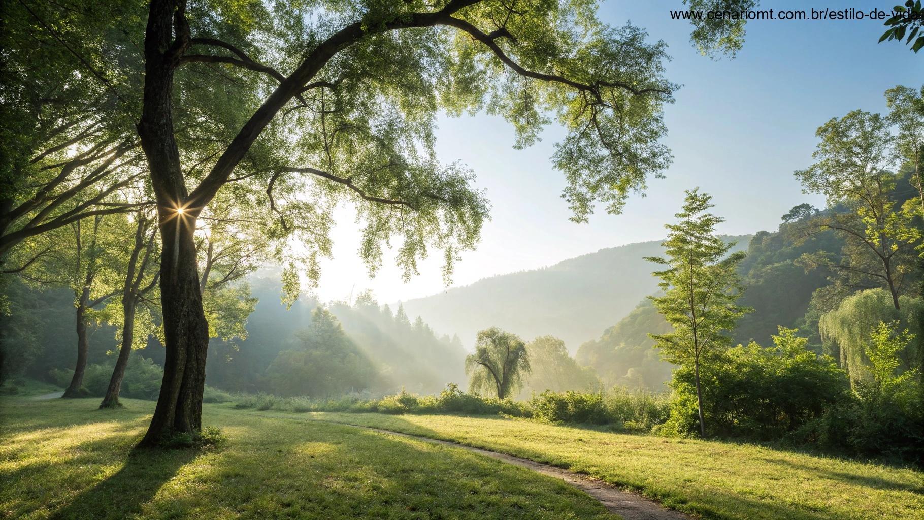 Cena pacífica da natureza com luz do sol filtrando através das árvores, projetando sombras suaves no chão, convidando à contemplação sobre o Evangelho do Dia.