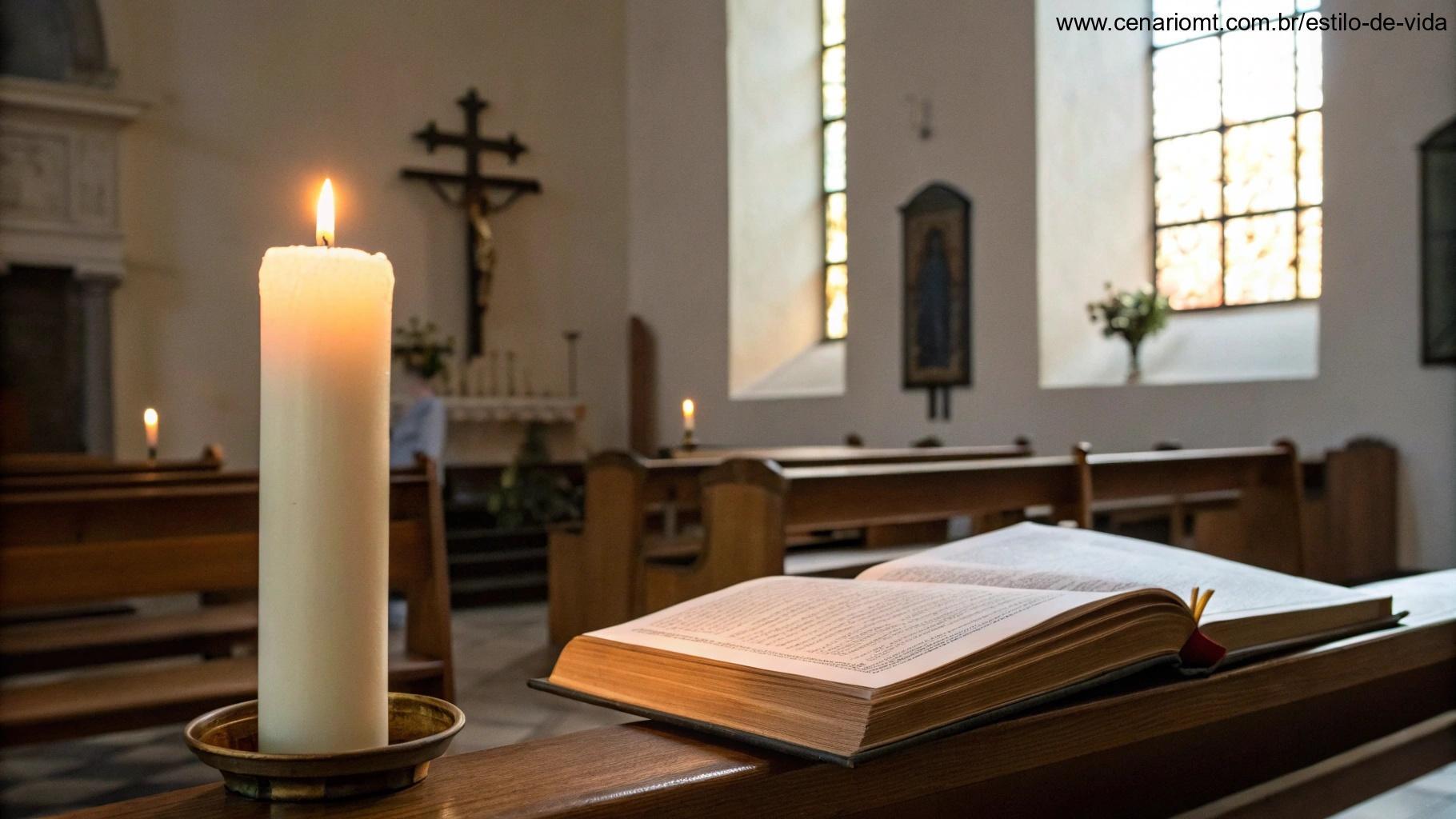 Igreja tranquila com luz suave, simbolizando a reflexão sobre o Evangelho de Domingo.