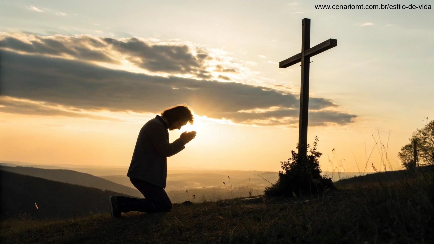 Cena tranquila ao ar livre com uma pessoa em oração, diante de uma cruz no topo de uma colina, com luz dourada do pôr do sol ao fundo.