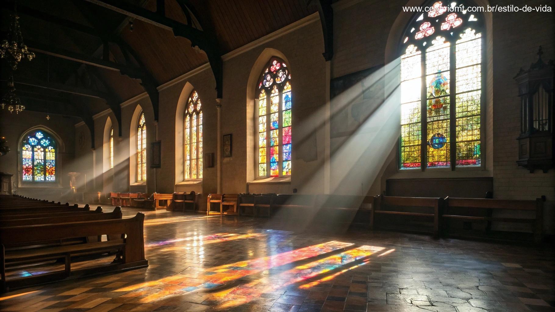 Reflexão sobre o Evangelho de Hoje: A luz suave refletindo na igreja, convidando à reflexão.