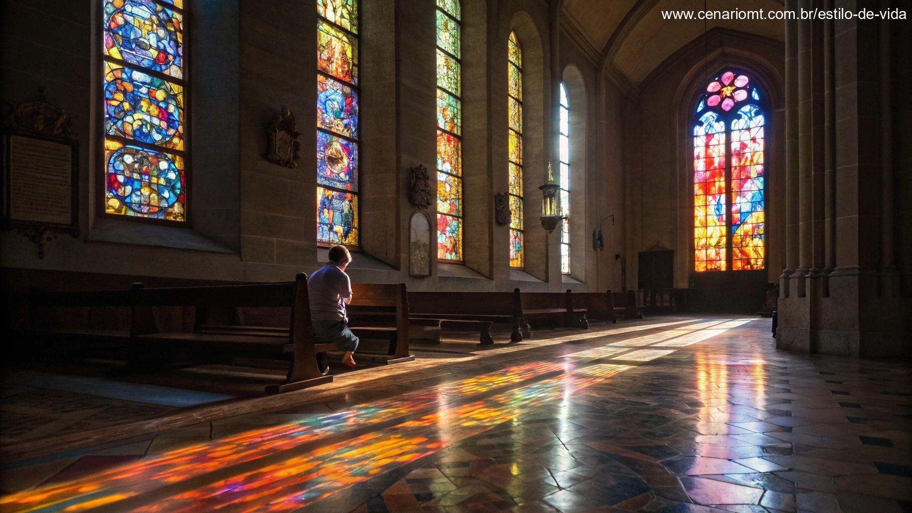 Cena reflexiva dentro de uma igreja, com luz suave entrando pelas janelas de vitral, criando reflexos coloridos no chão.
