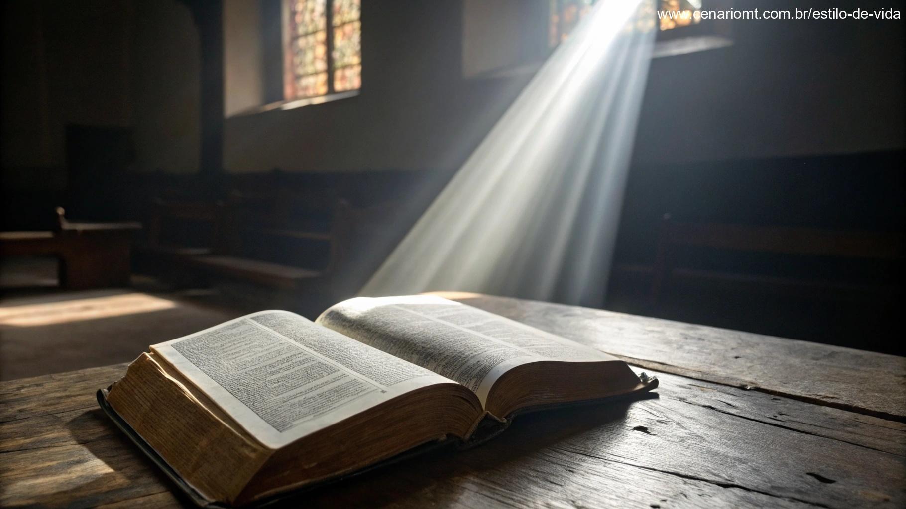A força encontrada na Palavra de Deus e seu poder transformador na vida diária, simbolizada por escrituras abertas e luz.