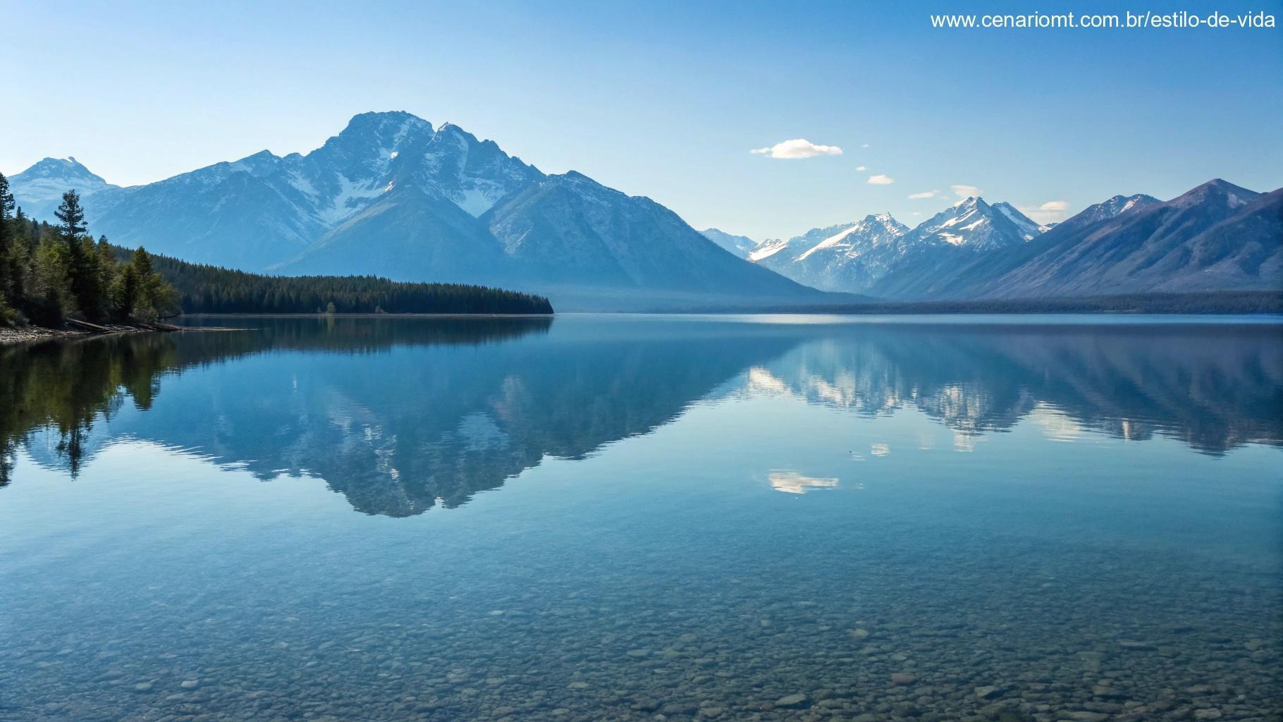 Imagem de um lago calmo e claro refletindo as montanhas, simbolizando confiança em Deus do Salmo 23.