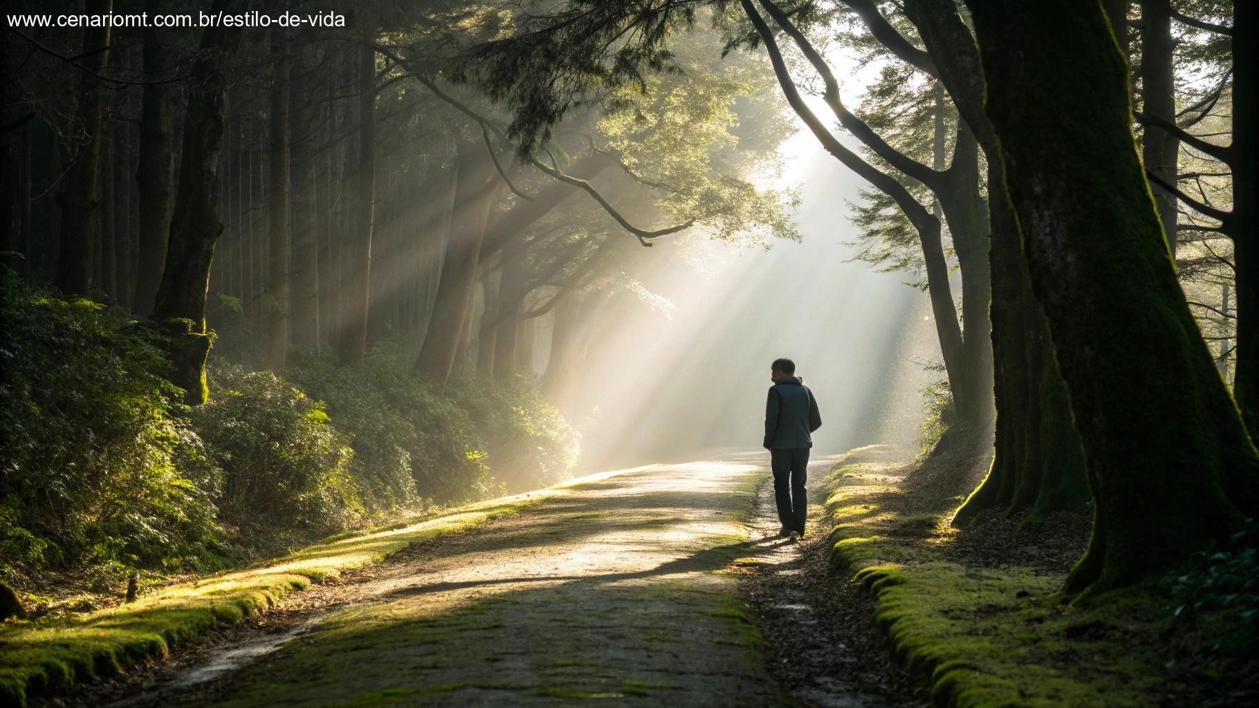 Pessoa caminhando sozinha por uma trilha iluminada pelo sol, refletindo sobre o Salmo 46