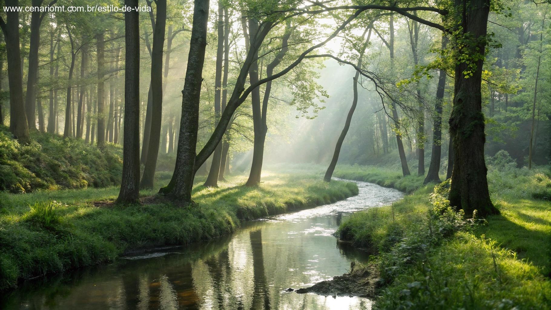 Uma floresta tranquila com um riacho fluindo suavemente, um local para reflexão, simbolizando a conexão pacífica com Deus e a mensagem do Salmo do dia.