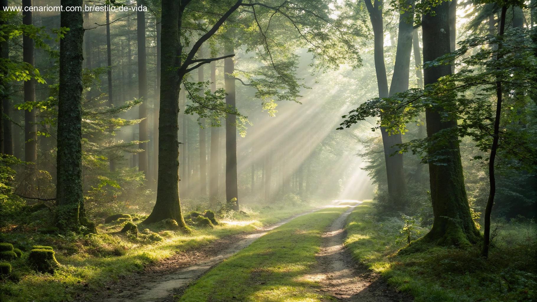 Imagem de uma floresta tranquila com raios de sol filtrando pelas árvores.