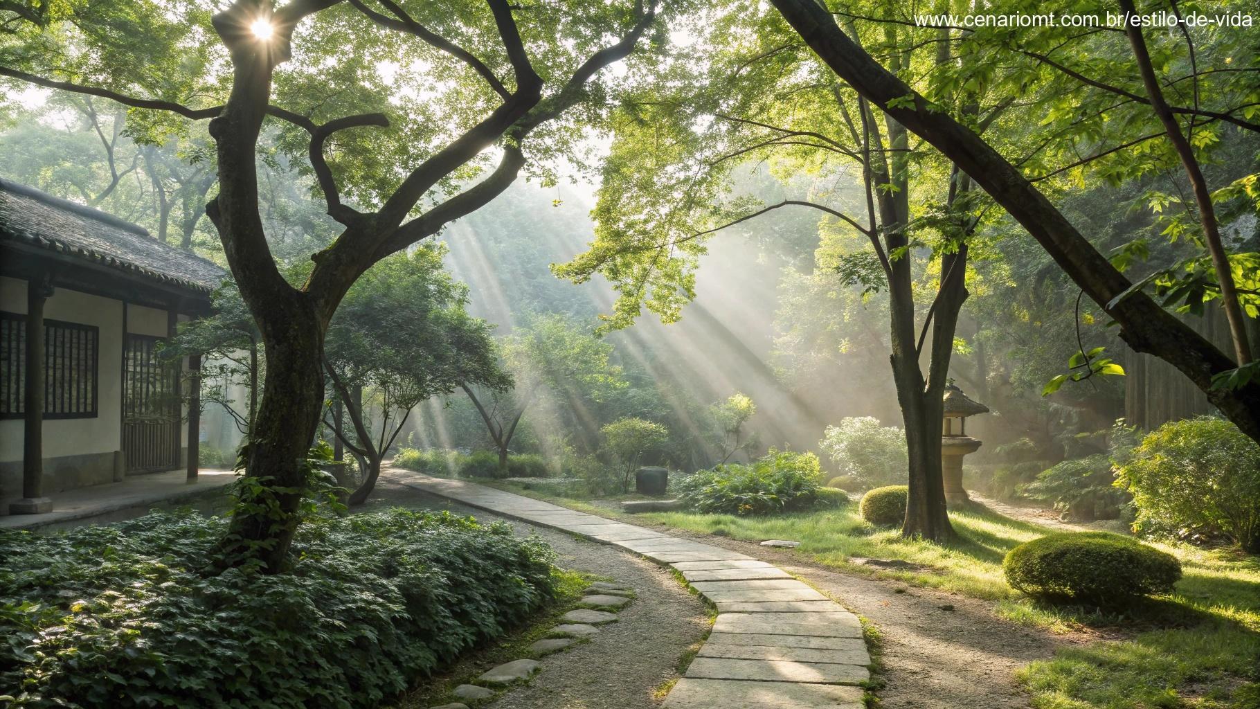 Jardim tranquilo com uma brisa suave passando pelas árvores, luz do sol filtrando pelas folhas, criando uma atmosfera de contemplação.