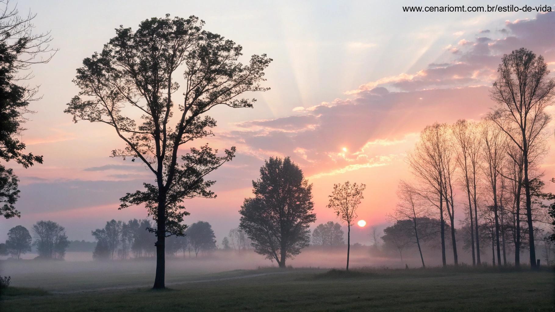 Cena calma de manhã com um leve amanhecer, simbolizando novos começos, com raios suaves de luz passando por árvores, representando crescimento espiritual e reflexão