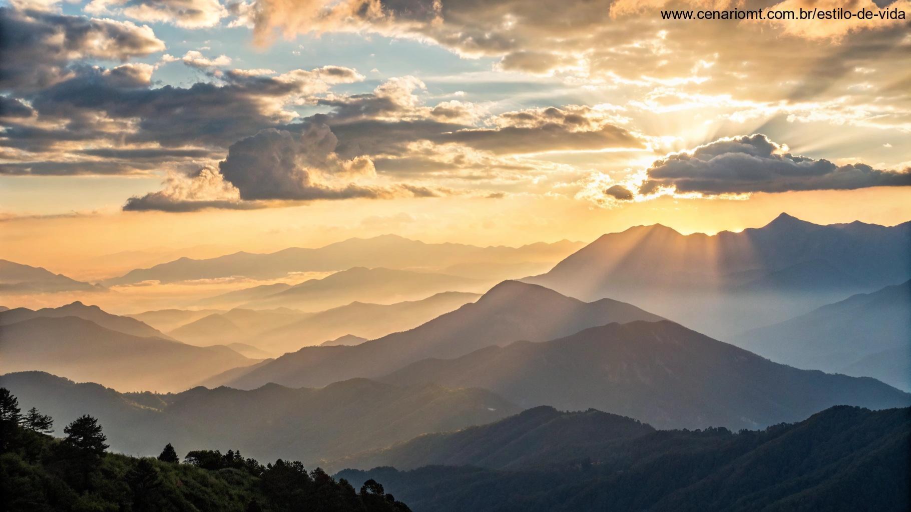 Nascer do sol sobre uma cadeia de montanhas, criando uma atmosfera de fé e esperança.
