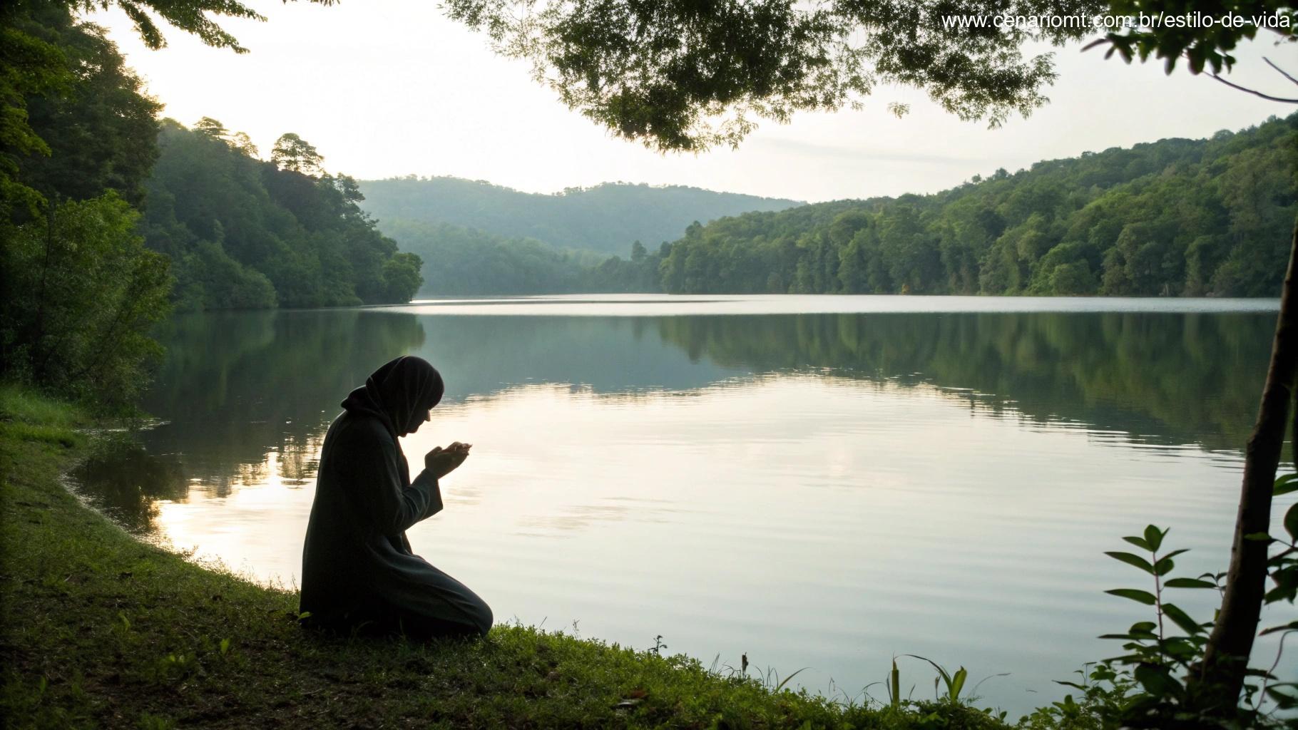 Cena pacífica com uma pessoa orando à beira de um lago calmo, refletindo paz interior e devoção.