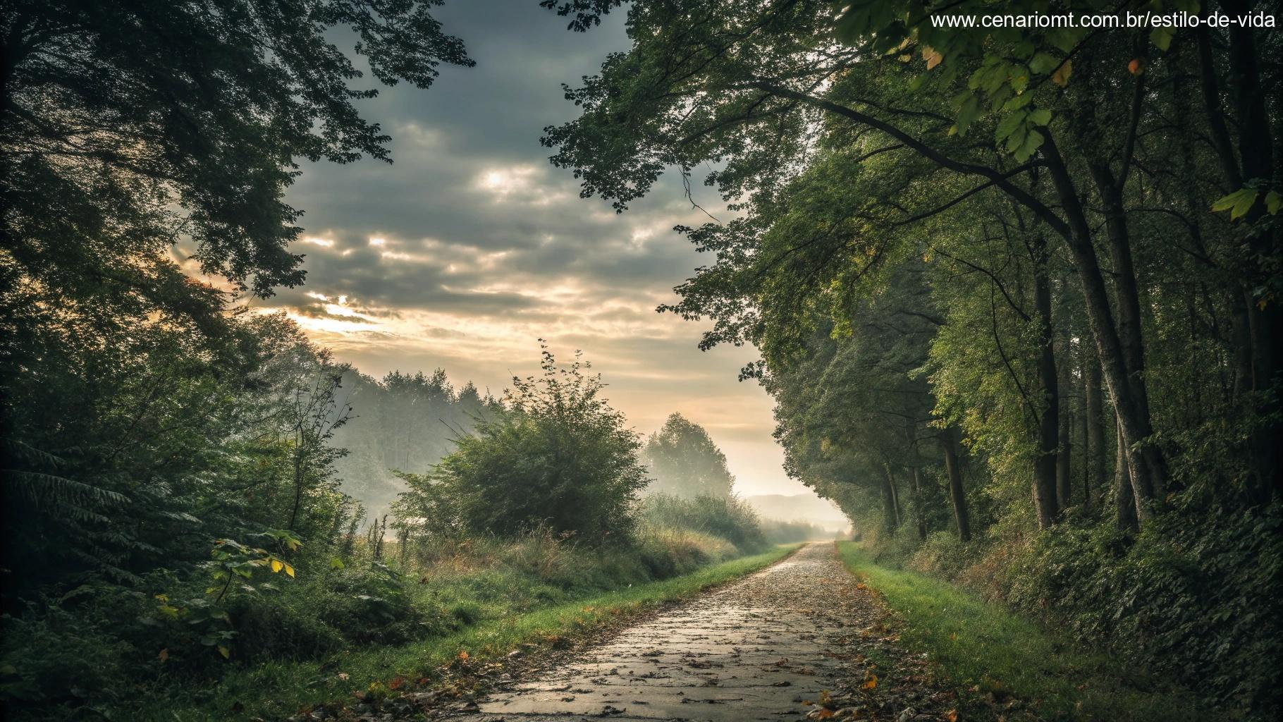 Caminho tranquilo na floresta com luz filtrando pelas árvores, criando uma atmosfera para reflexão e oração em uma sexta-feira.