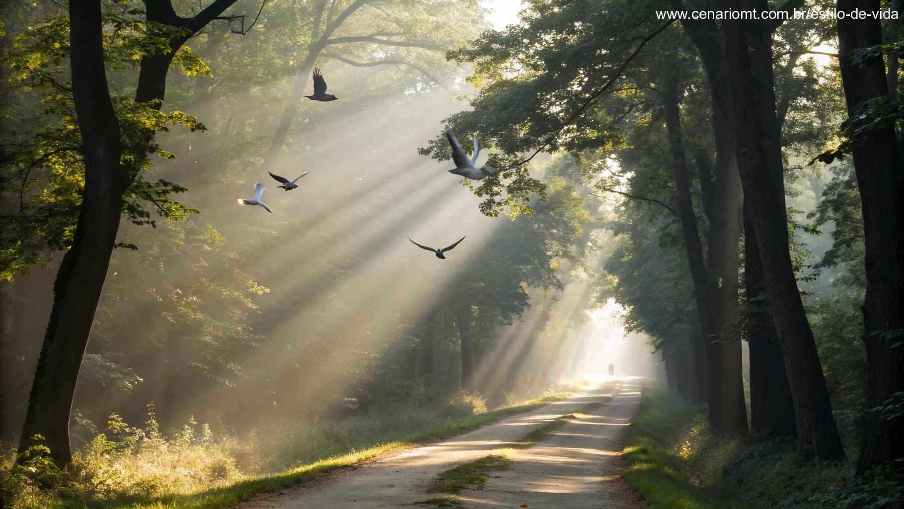 Caminho na floresta com luz suave e pombas simbolizando paz e força espiritual