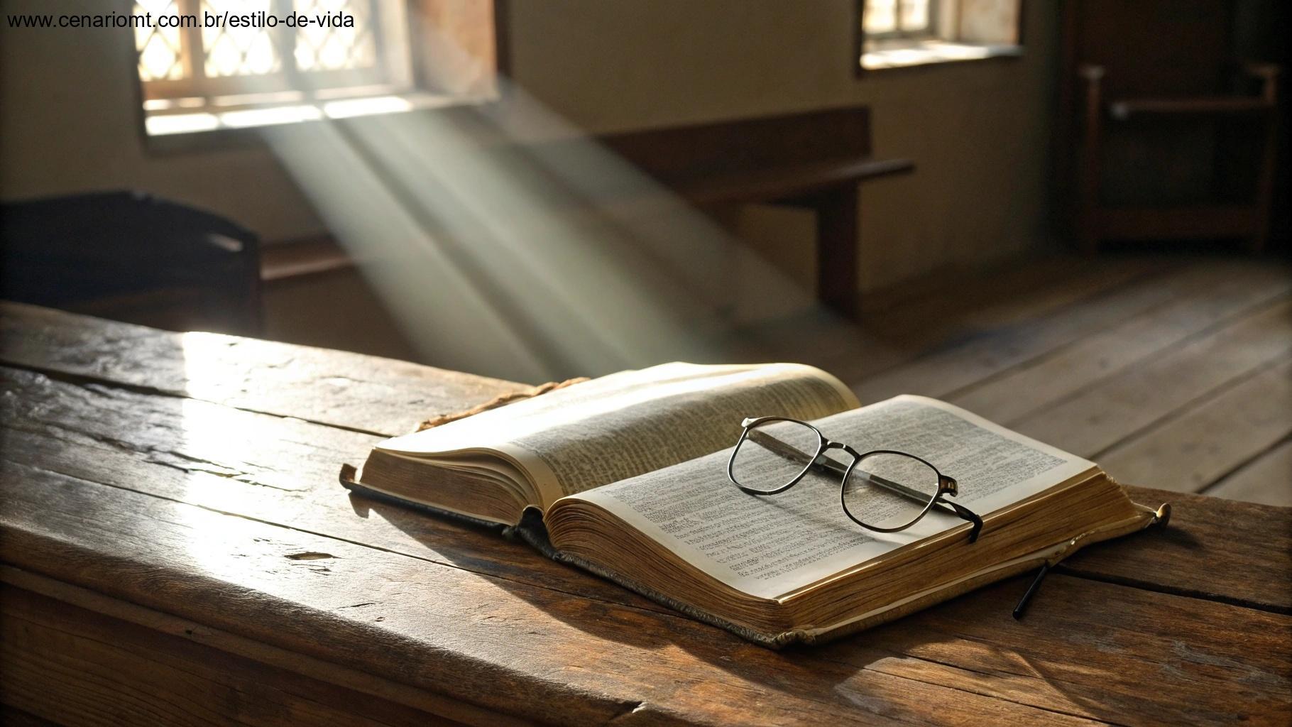 Bíblia antiga aberta em uma mesa de madeira com um raio de sol iluminando as páginas, um óculos de leitura ao lado