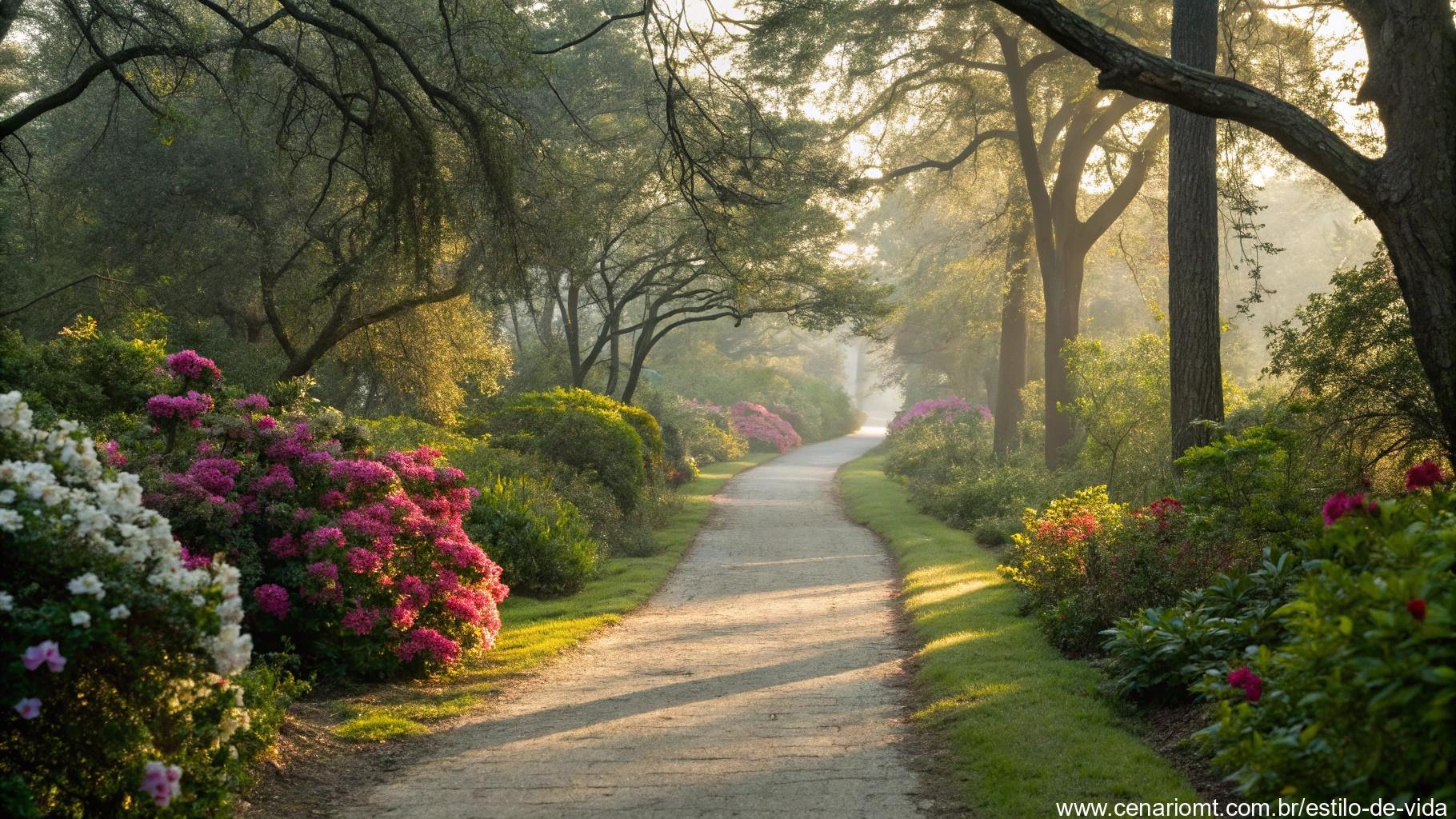 Caminho sereno no jardim, inspirando reflexão e calma.