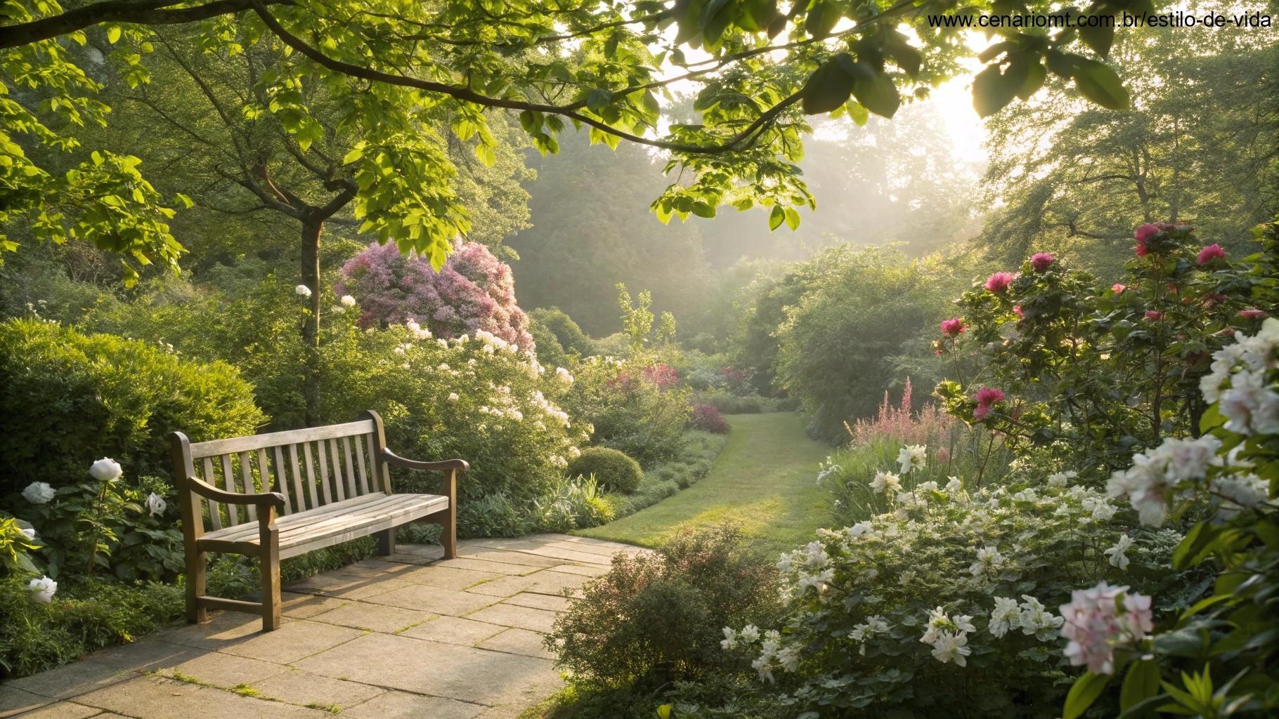 Jardim tranquilo com flores desabrochando, luz suave filtrando através das folhas e um banco de madeira com atmosfera acolhedora, representando reflexão, paz e aprofundamento da fé.